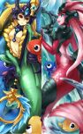  1girl black_sclera breasts cleavage colored_sclera copyright_request dakimakura_(medium) fish head_tilt holding holding_staff koi_nami long_hair medium_breasts mermaid monster_girl nam_(valckiry) nami_(league_of_legends) red_eyes solo staff water 
