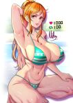  1girl arm_tattoo arm_up armpits bikini breasts green_bikini high_ponytail highres huge_breasts like_and_retweet long_hair looking_at_viewer mifenami nami_(one_piece) navel one_piece orange_hair parted_lips signature solo squatting stomach striped striped_bikini swimsuit tattoo thighs toned very_long_hair yellow_eyes 