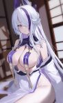  1girl absurdres azur_lane breast_curtains breasts closed_mouth highres large_breasts long_hair looking_at_viewer maanu multicolored_hair off_shoulder pelvic_curtain purple_eyes sitting solo streaked_hair tagme unzen_(azur_lane) very_long_hair white_hair 