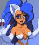  animal_humanoid artist_name big_breasts blue_eyes blue_hair breasts capcom cat_humanoid claws darkstalkers digital_media_(artwork) fangs felicia_(darkstalkers) felid felid_humanoid feline feline_humanoid female fingers fur gabbslines hair hi_res humanoid long_hair looking_away looking_back mammal mammal_humanoid nipple_outline nipples open_mouth open_smile portrait red_claws signature simple_background smile solo teeth tongue white_body white_fur 