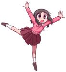  1girl arms_up azumanga_daioh azumanga_daioh&#039;s_school_uniform brown_eyes brown_footwear brown_hair commentary_request falling floating_hair full_body hair_over_shoulder jumping kasuga_ayumu korean_commentary leg_up loafers long_sleeves looking_at_viewer medium_hair midriff_peek neck_ribbon open_mouth outstretched_arms pink_shirt pleated_skirt red_ribbon red_skirt ribbon sailor_collar school_uniform serafuku shirt shoes shouting simple_background sketch skirt solo spread_arms surprised tekaaluk white_background white_sailor_collar wide-eyed 
