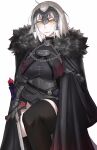  1girl armor armored_dress black_armor black_cape black_dress black_thighhighs breasts cape chain closed_mouth commentary_request dress fate/grand_order fate_(series) fur-trimmed_cape fur_trim gauntlets grey_hair headpiece highres holding holding_sword holding_weapon jeanne_d&#039;arc_alter_(avenger)_(fate) jeanne_d&#039;arc_alter_(avenger)_(first_ascension)_(fate) jeanne_d&#039;arc_alter_(fate) large_breasts looking_at_viewer plackart ri_o_ne_su short_hair simple_background solo sword thighhighs weapon white_background yellow_eyes 