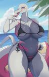  anthro big_breasts bikini breasts clothed clothing countershade_scales countershading female generation_7_pokemon hi_res looking_at_viewer multicolored_body multicolored_scales navel nintendo non-mammal_breasts outside pink_body pink_countershading pink_scales pokemon pokemon_(species) pupils reptile salazzle sand scales scalie seaside shano_541 shiny_pokemon sky solo swimwear tail thick_thighs tongue tongue_out water white_body white_scales 