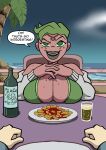  absurd_res alien amphibian attea beach ben_10 big_breasts breasts cartoon_network disguise duo female first_person_view food freckles green_eyes green_lipstick hi_res humanoid incursean lipstick makeup male male/female planz34 seaside 