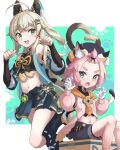  2girls :3 :d ahoge animal_ear_fluff animal_ears aqua_eyes bare_shoulders black_shirt black_shorts blonde_hair cat_ears cat_tail claw_pose commentary_request crop_top diona_(genshin_impact) feet_out_of_frame genshin_impact gloves green_eyes highres kirara_(genshin_impact) long_hair looking_at_viewer midriff multiple_girls multiple_tails navel open_mouth pink_hair pink_shirt ryan_(ritenichi) shirt shorts sitting smile stomach tail two_tails white_gloves 