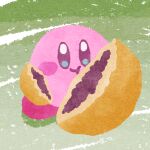  blush_stickers closed_mouth dorayaki eating food food_focus grass highres holding holding_food kirby kirby_(series) looking_at_viewer miclot no_humans pink_footwear shoes smile wagashi 