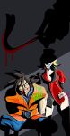  alternate_universe batman_(series) blood blood_on_face crossover crowbar dc_comics dragon_ball harley_quinn highres hostage injury non-web_source nurse redesign shadow son_goku terry_jones_(tyrranux) weapon 