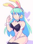  1girl android animal_ears aqua_hair black_thighhighs blue_eyes breasts charu_(saru_getchu) cleavage closed_mouth fake_animal_ears headphones long_hair looking_at_viewer navel rabbit_ears robot_ears saru_getchu saru_jia simple_background smile solo thighhighs white_background 