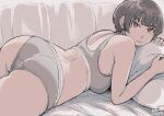 1girl ass brown_eyes brown_hair couch curvy dated grey_panties hadashi_no_kenji looking_at_viewer lying object_hug on_couch on_stomach original panties pillow pillow_hug short_hair solo sports_bra underwear 