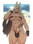  1girl abs animal_ears bikini black_gloves breasts brown_eyes bulge choker cloud covered_testicles dark-skinned_female dark_skin disembodied_limb erection eyepatch fingerless_gloves fur-trimmed_jacket fur_trim futanari ghislaine_dedoldia gloves grey_hair handjob highres jacket jacket_removed long_hair muscular muscular_female mushoku_tensei navel parted_lips penis red_choker scar scar_on_face solo_focus sulcate sun swimsuit two-handed_handjob uncensored veins veiny_penis 