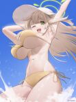  1girl :d arm_up armpits bikini blonde_hair blue_archive blue_sky breasts chilakkk green_eyes green_halo halo hat highres large_breasts light_brown_hair long_hair looking_at_viewer navel nonomi_(blue_archive) nonomi_(swimsuit)_(blue_archive) official_alternate_costume open_mouth outdoors side-tie_bikini_bottom sky smile solo sun_hat swimsuit white_headwear yellow_bikini 