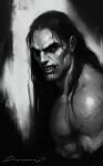  1boy armor artist_name black_hair colored_sclera commentary english_commentary greyscale konrad_curze long_hair looking_at_viewer male_focus monochrome nipples power_armor primarch scar scar_on_shoulder sharp_teeth signature solo teeth topless_male veronica_anrathi warhammer_40k 