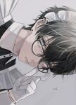  1boy black_hair blue_eyes closed_mouth commentary ear_piercing earrings expressionless glasses gloves grey_background hair_between_eyes highres jewelry looking_at_viewer maid maid_headdress male_focus original piercing portrait short_hair signature simple_background solo sosaku_25 symbol-only_commentary white_gloves 