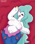  anthro big_breasts blue_hair blush breasts eyes_closed female flofluffy generation_7_pokemon hair heart-shaped_tongue heart_necklace hi_res lipstick long_hair lumi_(flofluffy) lying makeup navel nintendo on_back open_mouth open_smile pink_lipstick pokemon pokemon_(species) primarina red_sheets ring smile solo tongue 