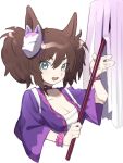  1girl animal_ears breasts brown_hair chest_sarashi cleavage cropped_torso fang fox_mask gohei green_eyes hair_between_eyes highres holding holding_gohei horse_ears inari_one_(umamusume) japanese_clothes kimono looking_at_viewer mask mask_on_head michia_(bourgognepony) open_mouth purple_kimono sarashi scrunchie short_hair skin_fang small_breasts smile solo umamusume upper_body white_background wrist_scrunchie 
