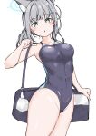  1girl absurdres animal_ear_fluff animal_ears bag black_one-piece_swimsuit blue_archive blue_eyes breasts competition_swimsuit covered_navel cowboy_shot cross_hair_ornament extra_ears genjou92 grey_hair hair_ornament halo highres leaning_forward low_ponytail medium_breasts medium_hair mismatched_pupils multicolored_clothes multicolored_swimsuit official_alternate_costume one-piece_swimsuit shiroko_(blue_archive) shiroko_(swimsuit)_(blue_archive) simple_background solo swimsuit white_background wolf_ears 
