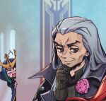  1boy 1girl black_jacket brown_eyes cape flower grey_hair hand_on_own_chin hand_up indoors jacket league_of_legends leblanc_(league_of_legends) long_hair open_mouth phantom_ix_row pink_flower portrait red_hair sideways_glance surprised swain_(league_of_legends) sweatdrop thinking 