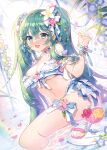  1girl apple_caramel aqua_eyes arm_garter bare_shoulders bead_bracelet beads bikini blue_choker bow bracelet breasts choker cleavage cup drinking_glass flower frilled_bikini frills green_hair hair_bow hair_flower hair_ornament hand_up hatsune_miku highres jewelry long_hair looking_at_viewer medium_breasts navel open_mouth plate smile solo stomach swimsuit thigh_strap thighs tropical_drink twintails very_long_hair virtual_youtuber vocaloid water white_bikini wrist_cuffs 