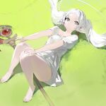  1girl absurdres bare_legs barefoot blue_eyes breasts dress earrings frieren grass hands_on_own_knees highres jewelry long_hair looking_at_viewer lying on_back parted_lips pointy_ears prossss short_sleeves small_breasts solo sousou_no_frieren staff twintails white_dress white_hair 