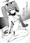  1girl absurdres animal_ears bandaged_leg bandages barefoot bikini blue_archive blush breasts eyeliner greyscale hair_ornament halo highres long_hair looking_at_viewer makeup michiru_(blue_archive) miyako_no_gohan monochrome raccoon_ears raccoon_tail scarf sitting smile solo swimsuit tail twintails very_long_hair wariza 