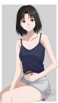  1girl alternate_costume bare_shoulders black_hair black_shirt border brown_eyes closed_mouth collarbone commentary_request grey_background grey_shorts highres holding kara_no_kyoukai looking_at_viewer outside_border parted_bangs ryougi_shiki shintyoi2 shirt short_hair shorts simple_background sitting sleeveless sleeveless_shirt solo thighs white_border 