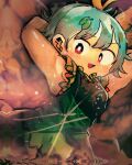  1girl antennae aqua_hair armpits blush butterfly_wings dress eternity_larva fairy green_dress highres leaf leaf_on_head multicolored_clothes multicolored_dress open_mouth piaki red_eyes short_hair solo touhou wings 