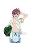  1boy asbel_lhant blue_eyes brown_hair cowboy_shot english_commentary hair_between_eyes male_focus male_swimwear navel official_art open_clothes open_shirt smile swim_trunks tales_of_(series) tales_of_asteria tales_of_graces topless_male wet 