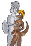  blonde_hair brown_body brown_fur canid canine canis erection fur grey_body grey_fur hair male male/male mammal mustelid otter tabbiewolf wolf 