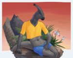  absurd_res anthro asurii bottomwear brown_body callum_(zagz) clothing crop_top detailed_background dinosaur flower hadrosaurid hi_res looking_at_viewer male ornithischian parasaurolophus plant purple_eyes reptile scalie shirt shorts sitting solo topwear 