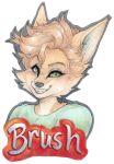  anthro badge bewitchedink blonde_hair blush brush_(here2express) canid canine clothed clothing corsac_fox dominant dominant_male fox fur green_eyes hair headshot_portrait here2express hi_res looking_at_viewer male mammal portrait sassy shaded simple_background smile solo teeth text topwear traditional_media_(artwork) yellow_body yellow_fur 