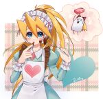  1girl alternate_costume apron baking blonde_hair blue_eyes breasts chocolate ciel_(mega_man) collared_shirt dress finger_to_mouth frilled_dress frilled_hairband frills hairband heart long_hair long_sleeves mega_man_(series) mega_man_x_(series) mega_man_x_dive mega_man_zero_(series) open_mouth ponytail sakuraba_(cerisier_x) shirt simple_background small_breasts tasting thought_bubble valentine 