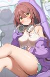  1girl absurdres bare_legs blush brown_hair cardigan dolphin_shorts feet_out_of_frame highres idolmaster idolmaster_shiny_colors indoors knees_up looking_at_viewer osaki_tenka purple_cardigan shorts sitting smile solo wanimaru 