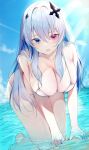  +_+ 1girl absurdres all_fours barefoot bikini blue_eyes blue_hair blue_nails blue_sky breasts colored_inner_hair cross cross_hair_ornament day grey_hair hair_between_eyes hair_ornament heterochromia highres inverted_cross kairi_(miry666) large_breasts light_rays long_hair looking_at_viewer micro_bikini multicolored_hair neo-porte ocean open_mouth outdoors pink_eyes sky solo string_bikini swimsuit tentei_forte very_long_hair virtual_youtuber water white_bikini 