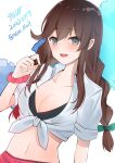  1girl bikini black_bikini braid brown_hair collared_shirt dated dress_shirt eiji_(monochromexd) green_eyes highres kantai_collection long_hair navel noshiro_(kancolle) one-hour_drawing_challenge open_mouth red_scrunchie scrunchie shirt solo swept_bangs swimsuit teeth tied_shirt twin_braids twitter_username upper_teeth_only white_shirt wrist_scrunchie 