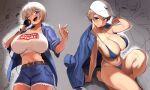  1girl :d belt bikini bloop_(archives) blue_bikini blue_eyes breasts brown_belt clothes_writing denim denim_shorts fang grey_hair hair_between_eyes highres holding holding_microphone huge_breasts microphone midriff on_one_knee one_eye_closed open_mouth shirt short_hair short_shorts shorts side-tie_bikini_bottom skin_fang smile smug solo standing sugoi_dekai swimsuit uzaki-chan_wa_asobitai! uzaki_hana white_headwear white_shirt 