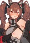  1girl angelina_(arknights) angelina_(endfield)_(arknights) animal_ear_fluff animal_ears arknights arknights:_endfield armpits black_gloves blush breasts brown_hair clothes_pull diamond-shaped_pupils diamond_(shape) dot_nose dress fox_ears fox_girl gloves grey_dress headpiece high_belt highres long_hair looking_at_viewer medium_breasts nipples red_eyes san_p.dro smile solo symbol-shaped_pupils twintails white_background 