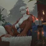  1:1 absurd_res anthro awaldkize candle canid cheek_tuft clothed clothing controller facial_tuft fur hair hi_res holding_controller holding_object male mammal mouth_closed neck_tuft plant purple_eyes red_body red_fur short_hair sitting snow solo topless tree tuft white_body white_fur white_hair 