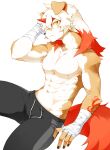  2023 5_fingers abs anthro arknights arm_tattoo bottomwear canid canine canis clothed clothing domestic_dog fingers fur hair hi_res horn hung_(arknights) hypergryph long_hair male mammal multicolored_body multicolored_fur multicolored_hair muscular muscular_anthro muscular_male navel orange_hair orange_horn orange_tail pants solo studio_montagne tail tattoo topless topless_anthro topless_male two_tone_body two_tone_fur two_tone_hair white_body white_fur white_hair yellow_eyes zebra_vz 
