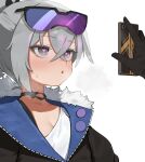  1girl 1other :o black_choker black_gloves black_jacket blush breasts choker cleavage collarbone collared_jacket commentary_request crossed_bangs eyewear_on_head flasso fur-trimmed_jacket fur_trim gloves goggles goggles_on_head grey_eyes heart heart-shaped_pupils heavy_breathing highres holding holding_phone honkai:_star_rail honkai_(series) hypnosis jacket looking_ahead mind_control phone ponytail purple-tinted_eyewear shirt silver_wolf_(honkai:_star_rail) simple_background single-shoulder_shirt solo_focus sweatdrop symbol-shaped_pupils tinted_eyewear trailblazer_(honkai:_star_rail) two-sided_fabric two-sided_jacket upper_body white_background white_shirt 