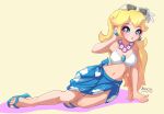  1girl :d absurdres bikini blonde_hair blue_eyes breasts brooch cleavage day eyewear_on_head flower flower_necklace highres jewelry large_breasts lips looking_at_viewer mario_(series) moon_print navel nin10ja princess_peach sarong smile solo sunglasses super_mario_odyssey swimsuit white_bikini 