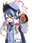  1girl antenna_hair armband badge blue_archive blue_hair blue_headwear blue_necktie blue_vest blush bow collared_shirt doughnut eating fami_miminmin food fubuki_(blue_archive) grey_hair hair_bow hair_ornament halo hat heart heart_hair_ornament highres holding holding_food incoming_food jacket long_hair long_sleeves looking_at_viewer multicolored_hair necktie open_mouth parted_bangs red_eyes shirt solo streaked_hair twintails upper_body vest walkie-talkie white_background white_bow white_jacket white_shirt 