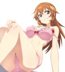  1girl ass blue_eyes blush bra breasts charlotte_e._yeager crotch grin large_breasts long_hair looking_at_viewer nanashino orange_hair panties pink_bra pink_panties shiny_skin simple_background smile solo strike_witches underwear white_background world_witches_series 