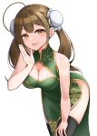  1girl :d absurdres ahoge bare_shoulders black_thighhighs blush breasts brown_eyes brown_hair camellia_90 china_dress chinese_clothes cleavage cleavage_cutout clothing_cutout dress hand_on_own_thigh hand_up highres huge_ahoge idolmaster idolmaster_shiny_colors kuwayama_chiyuki large_breasts leaning_forward long_hair looking_at_viewer open_mouth side_slit simple_background sleeveless sleeveless_dress smile solo thighhighs twintails white_background 
