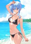  1girl absurdres arm_up beach bikini black_bikini blue_eyes blue_hair blue_nails blue_sky blush breasts closed_mouth cloud collarbone commentary cowboy_shot highres hololive hoshimachi_suisei long_hair looking_at_viewer navel o29sukizero ocean side-tie_bikini_bottom side_ponytail sky small_breasts solo stomach swimsuit thighs virtual_youtuber water wet 
