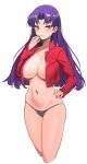  1girl :q absurdres breasts brown_eyes commentary cropped_jacket earrings highres jacket jewelry katsuragi_misato kiritzugu large_breasts long_hair looking_at_viewer navel neon_genesis_evangelion no_bra open_clothes open_jacket panties purple_hair red_jacket revision simple_background smile solo tongue tongue_out underwear white_background 