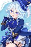  1girl :d absurdres ana_(vvvvor) ascot asymmetrical_gloves black_gloves blue_ascot blue_eyes blue_hair blue_headwear blue_pupils furina_(genshin_impact) genshin_impact gloves hat heterochromia highres long_hair long_sleeves looking_at_viewer mismatched_gloves mismatched_pupils multicolored_hair open_mouth purple_eyes purple_pupils smile solo two-tone_hair white_gloves 