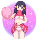  1girl ? black_hair blush bra cheerleader clothes_in_mouth clothes_lift commentary_request dawn_(pokemon) eyelashes grey_eyes hair_ornament hairclip hand_up highres holding holding_pom_poms kutabireta_neko lifted_by_self long_hair looking_at_viewer mouth_hold panties pink_shirt pink_skirt pokemon pokemon_(anime) pokemon_dppt_(anime) pom_pom_(cheerleading) shirt shirt_in_mouth shirt_lift sidelocks skirt skirt_lift solo spiral underwear 