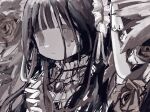  1girl 9ji0ki blunt_bangs closed_mouth frills hands_up high_collar highres monochrome original own_hands_together single_tear smile solo 