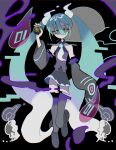  1girl aqua_hair bare_shoulders black_background candle closed_mouth commentary detached_arm detached_legs detached_sleeves dusk_ball expressionless floating ghost_miku_(project_voltage) glitch grey_skirt grey_sleeves grey_thighhighs hair_between_eyes half-closed_eyes hand_up hatsune_miku highres holding holding_poke_ball long_hair looking_at_viewer multicolored_hair necktie pale_skin poke_ball pokemon project_voltage purple_shirt see-through see-through_skirt shirt skirt sleeves_past_fingers sleeves_past_wrists solo symbol-only_commentary tabun_ningen thighhighs twintails very_long_hair vocaloid white_hair white_necktie will-o&#039;-the-wisp_(mythology) yellow_eyes 