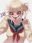  1girl bags_under_eyes blonde_hair blue_sailor_collar blunt_bangs boku_no_hero_academia cardigan chibi_228 double_bun fangs grin hair_bun highres index_finger_raised looking_at_viewer messy_hair narrowed_eyes neckerchief red_neckerchief sailor_collar school_uniform serafuku slit_pupils smile solo toga_himiko tongue tongue_out yellow_cardigan yellow_eyes 